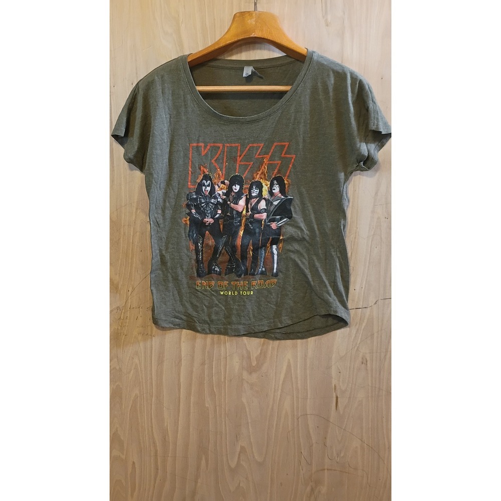 KISS End of the Road World Tour Graphic T-Shirt Olive Green Next Level Small
